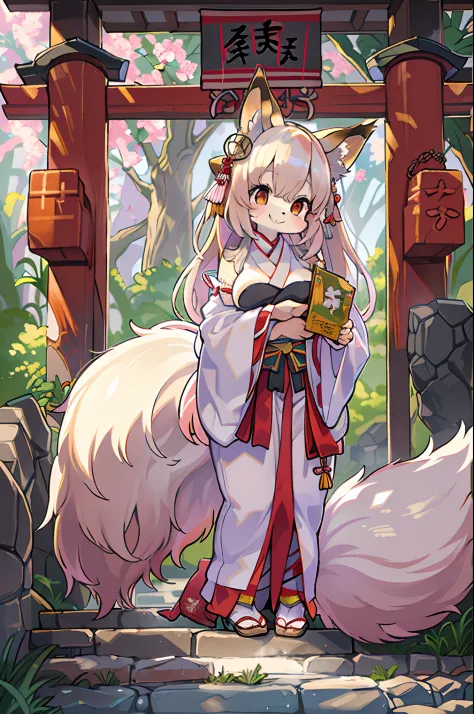 Fox Woman、body covered with fur、huge-breasted、kawaii、shrine maiden、Japan white clothes,Red Hakama、torii gate,summer day、From the...