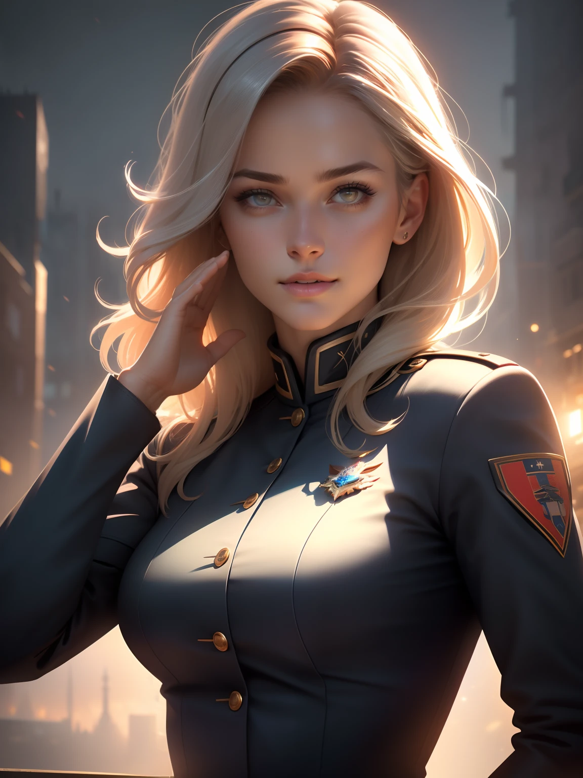 (1girl:1.4), (sfw), (clothed), (masterpiece), illustration,(realistic:1.5), (specular lighting:1.4), (hyperrealistic:1.2), (photorealistic face:1.2), (perfect face), (best quality), (8k), (4k), photorealistic, sharp focus, octane render, best quality, extremely detailed, intricate, hyper detailed, fantasy, soft lighting,(medium breasts:1.4), (skindentation:1.3), Matilda Ajan from Gundam, Matilda Ajan, looking at viewer, Saluting, full uniform, perfect body, military attention, military salute, officer uniform, perfect hands, warm smile, destroyed city in the background,