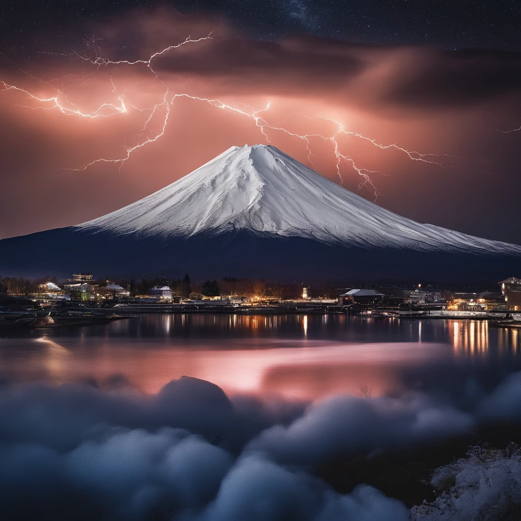 Master Parts、Superior Quality、superior image quality、The 8k quality、Beautiful pictures of the starry sky、magnifica、(Mt fuji:1.25)、dramatic cloud:1.5、Numerous thunderbolts:1.9