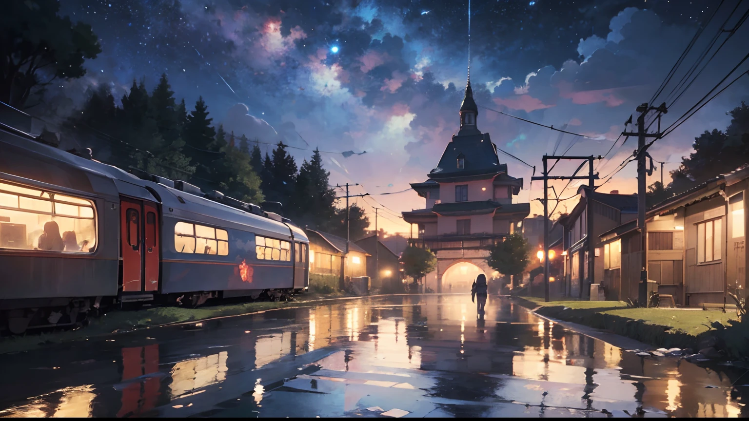 High-quality masterpieces、Landscapes、Anime train passing through a body of water on the tracks、Bright starry sky。BREAK Romantic Train、Pisif、concept-art、Laffy art style、Reflection。Lofi art, beautiful anime scenes, BREAK anime scenery, Detailed landscape — width 672、 BREAK,the detail,hentail realism,4k highly detailed digital art,octane renderings, Bio-luminescence, BREAK 8K resolution concept art, Reality,by Mappa Studios,A masterpice,Best quality at best,offcial art,illustratio,Ligneclair,(Cool_Farbe),Perfectcomposition、absurdist、fanciful、Focused、Rule of thirds