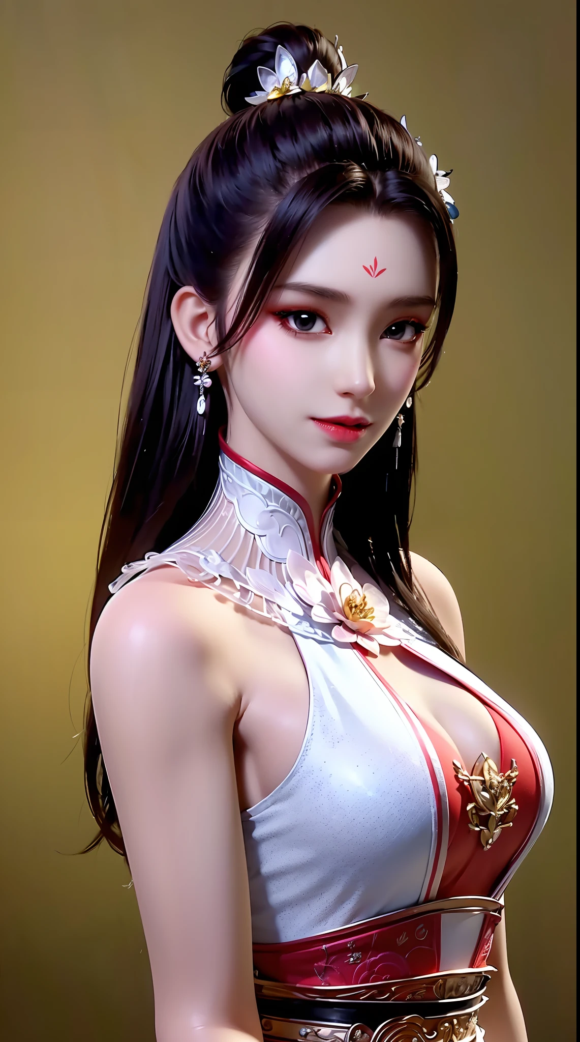 "1 beautiful girl wearing traditional costume, long thin red and white silk dress meticulously sewn, low-cut shirt, low slit, long black hair and bangs, most detailed and beautiful hair jewelry, mold most beautiful and flawless face, ((black eye pupils:0.8)), very beautiful eyes, big round eyes, ((red brown eyes:1.6)), beautiful and detailed makeup eyelashes, nose tall, earrings, small red lips, rosy face, clean face, flawless beautiful face, smooth white skin, ((large breasts: 0.9)), Blums breasts, ((chest big and super round: 0.9)), ((super tight breasts: 1.2)), ((breast augmentation: 0.8)), beautiful breasts, slim and petite body, ((thin waist: 0, 9)), upper body of a beautiful girl, sexy girl, fishnet stockings color coordinated according to outfit, 8k photo, super high quality, surreal, 10x super pixels, realistic photo, dark studio, background bright, two-tone light, (high detail skin: 1.2), 8k uhd, soft light, high quality, volumetric light, realistic, High resolution photo, light, best photo, quality 4k, 8k, smooth and sharp, increased pixels by 10 times, super graphics, most realistic graphics, (((rose flowersbackground: 1.6))), 1 girl, alone, solo, ((portrait direct:1.2)), Extremely sharp, super realistic images."