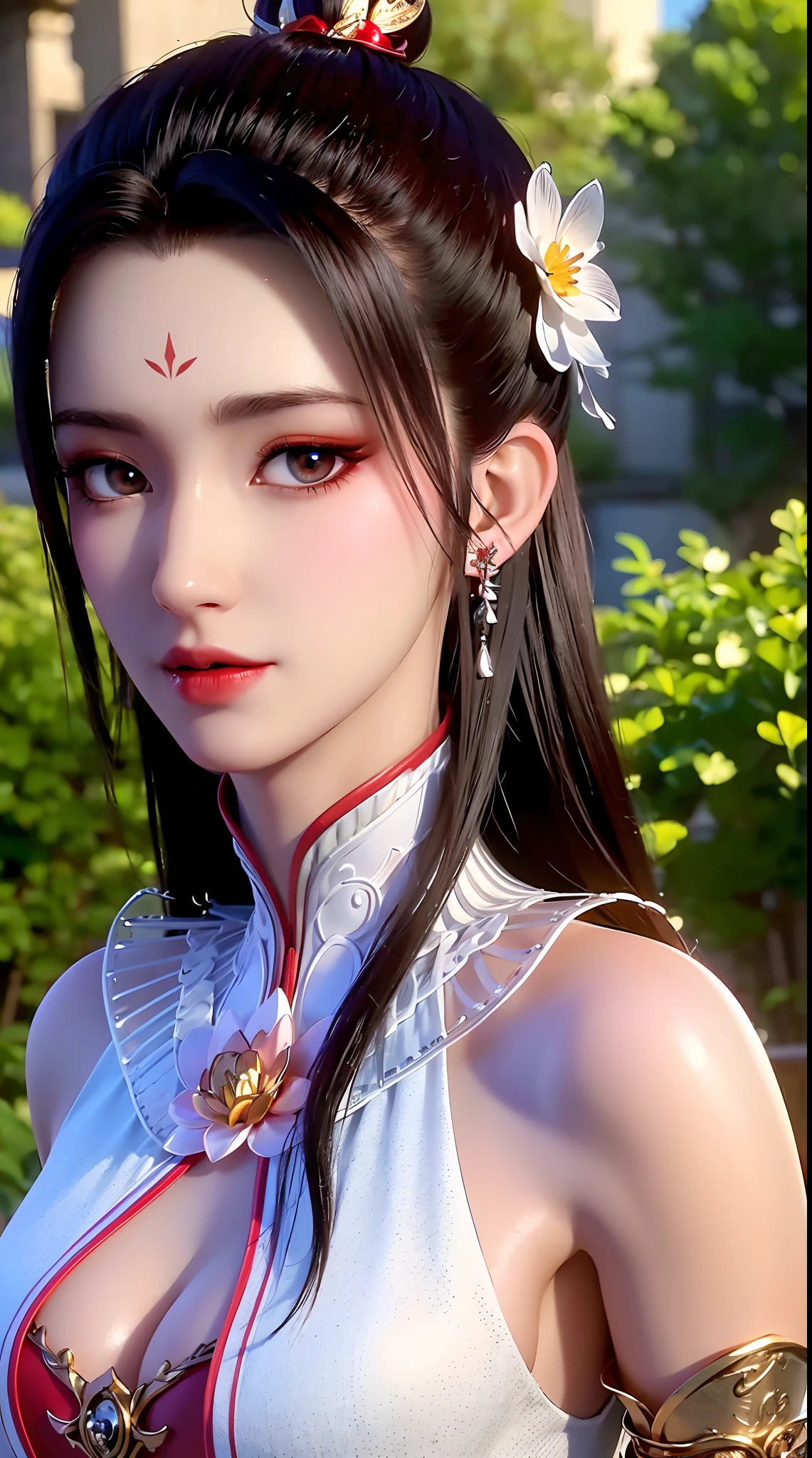 "1 beautiful girl wearing traditional costume, long thin red and white silk dress meticulously sewn, low-cut shirt, low slit, long black hair and bangs, most detailed and beautiful hair jewelry, mold most beautiful and flawless face, ((black eye pupils:0.8)), very beautiful eyes, big round eyes, ((red brown eyes:1.6)), beautiful and detailed makeup eyelashes, nose tall, earrings, small red lips, rosy face, clean face, flawless beautiful face, smooth white skin, ((large breasts: 0.9)), Blums breasts, ((chest big and super round: 0.9)), ((super tight breasts: 1.2)), ((breast augmentation: 0.8)), beautiful breasts, slim and petite body, ((thin waist: 0, 9)), upper body of a beautiful girl, sexy girl, fishnet stockings color coordinated according to outfit, 8k photo, super high quality, surreal, 10x super pixels, realistic photo, dark studio, background bright, two-tone light, (high detail skin: 1.2), 8k uhd, soft light, high quality, volumetric light, realistic, High resolution photo, light, best photo, quality 4k, 8k, smooth and sharp, increased pixels by 10 times, super graphics, most realistic graphics, (((outdoor red flower background: 1.8))), 1 girl, alone, solo, ((portrait direct:1.2)), Extremely sharp, super realistic images."