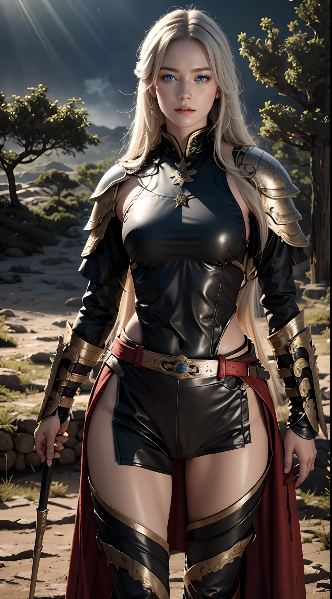 photorealistic, masterpiece, photorealistic, high resolution, soft light, hips up, black 17th century wears skin - tight Japanese body armor, standing on a deserted battlefield, clothes torn, stained with red paint, night, starry storm, rain, fog, eerie lighting, very long blond hair, blue eyes