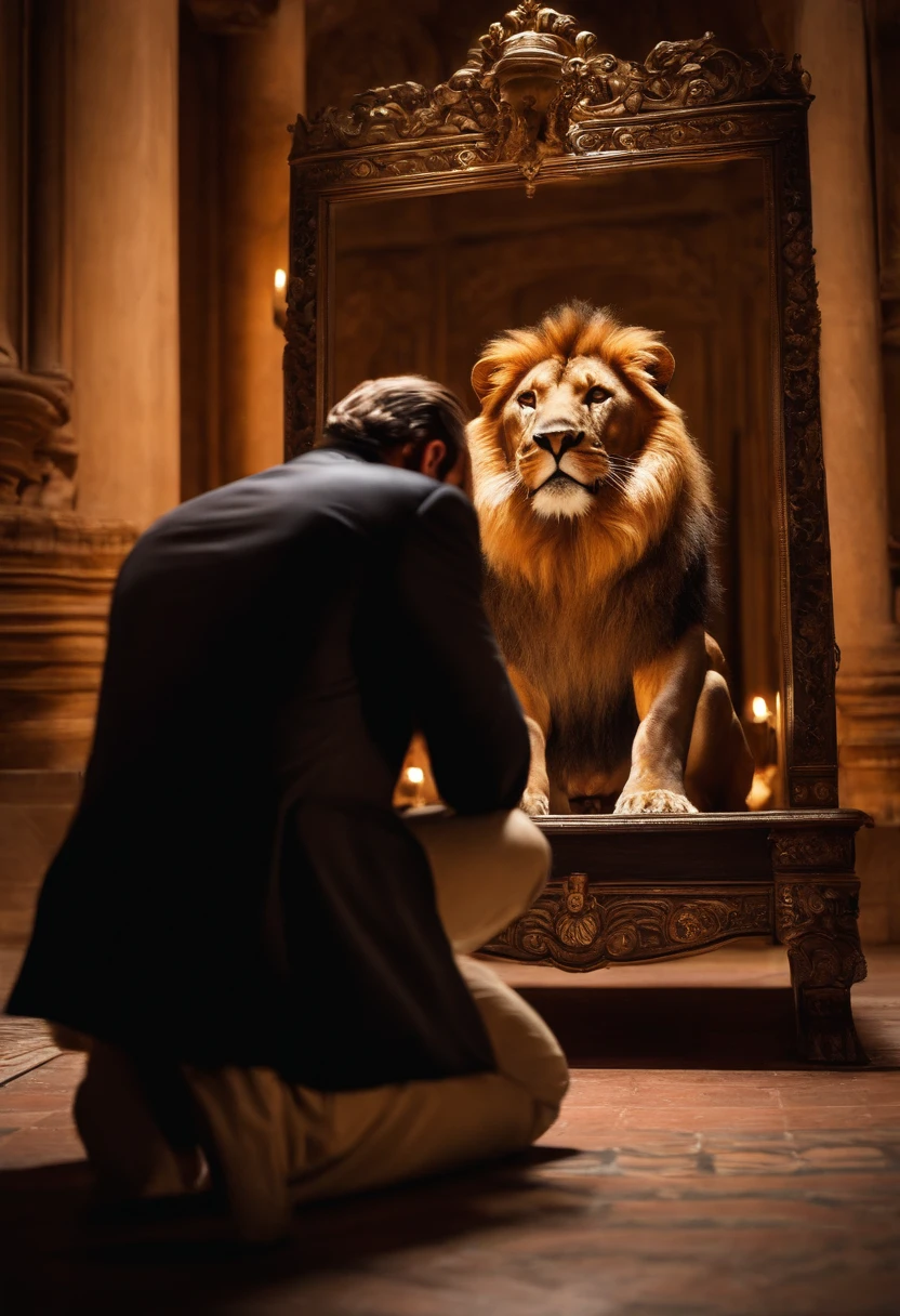 A man kneels in prayer before a mirror. The mirror reflects a majestic lion standing behind him. The man's expression reveals a mix of awe and bravery as he confronts this astonishing sight