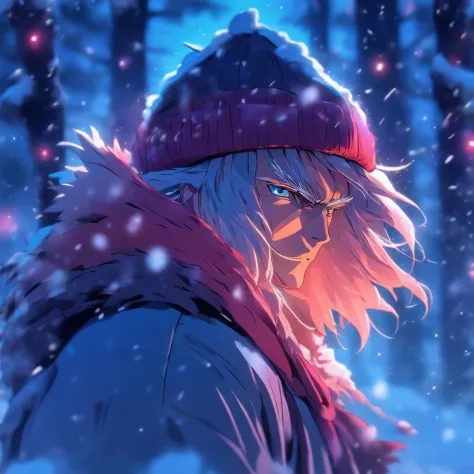 8k，More details，The best quality，In the woods at night，A middle-aged man，Bend over and grope in the snow with a stick，tense look，Wear heavy cotton clothing，With a hat，Winters
