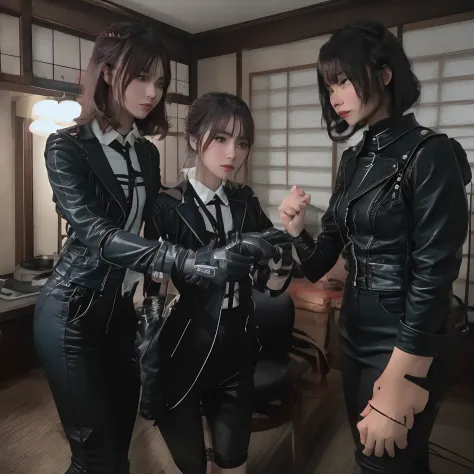 Young Japan woman lifting black suit up to shirt, Black leather gloves worn on both hands, A woman wearing a men's three-piece s...