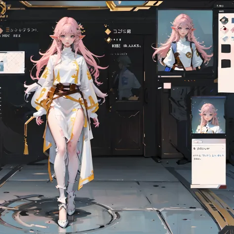 a woman, long curly hair, pink hair, blue eyes, elf character structure, template, sheet, reference
