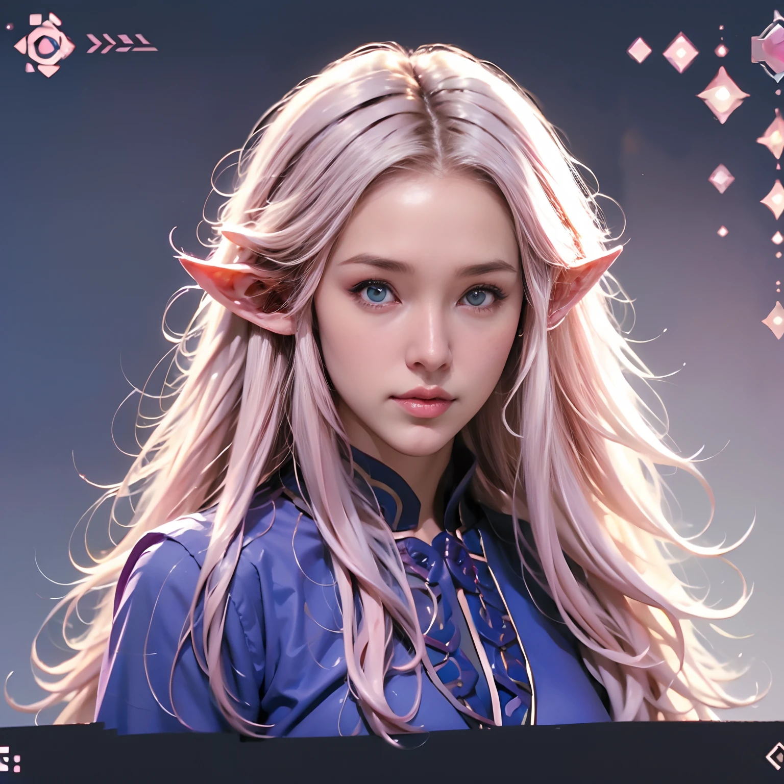 Une femme, longs cheveux bouclés, cheveux roses, yeux bleus, elfe character structure, Modèle, feuille, référence, elfe