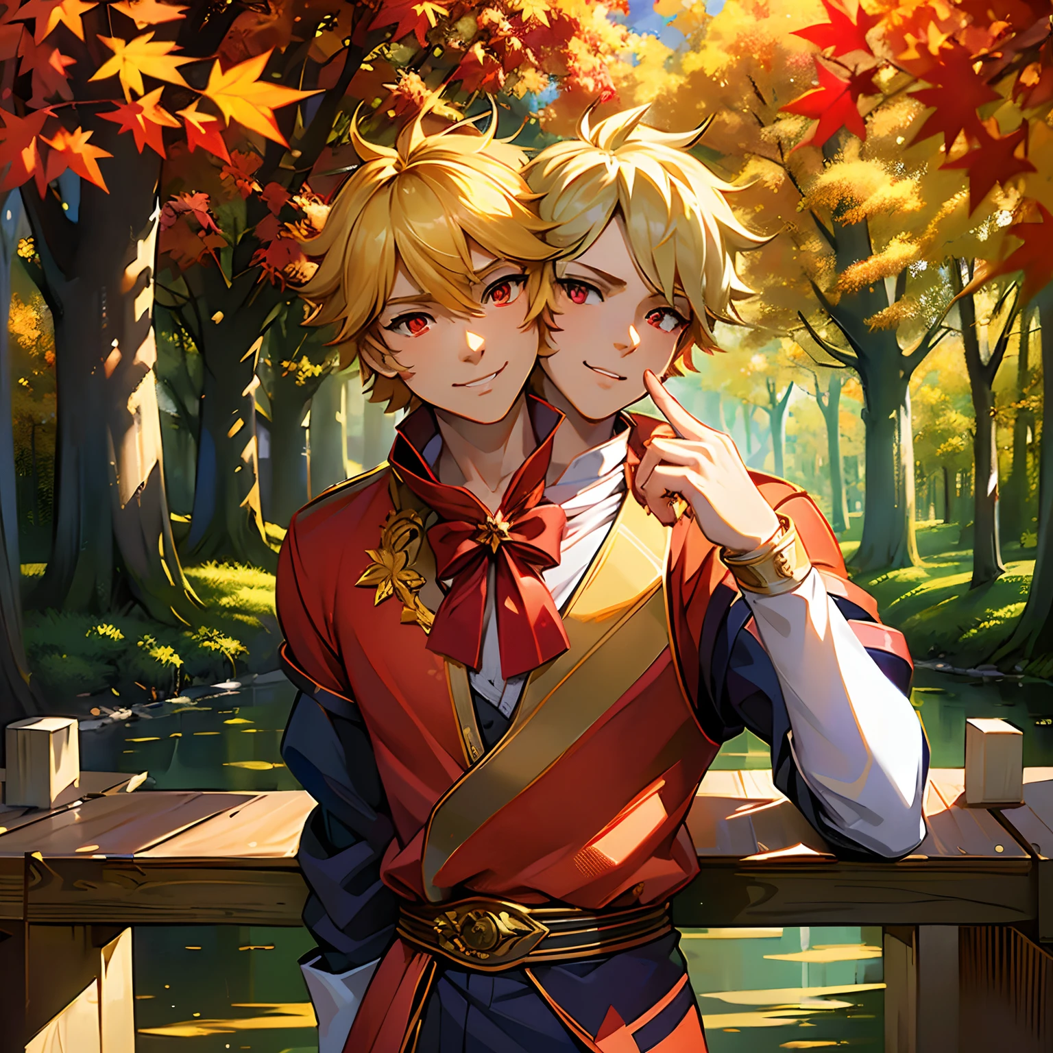 ((Masterpiece, Best Quality)), Ultra Detailed, Official Art, Unity 8k Wallpaper, Official Costume, Young Handsome Man, Solo, Two Faces, Two Heads, Shiny Skin, Sparkling Pupils, Hair Pick Dyed Blonde, Daytime, Background is Fire Red Maple Forest, Maple Leaf, Riverside, Wooden Bridge, Aesthetic, (upper_body)