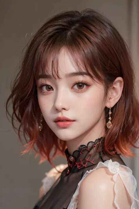 (1girl in)、(in her 20s)、((bobhair))、((bangss))、((Black to red gradient color hair))、(Photoreal Stick:1.2)、in 8K、(High quality shadows)、(A charming expression)、(smil)、Detail Beautiful delicate face、Detail Beautiful delicate eyes、Pretty Kpop Idol、(Korean Urz...