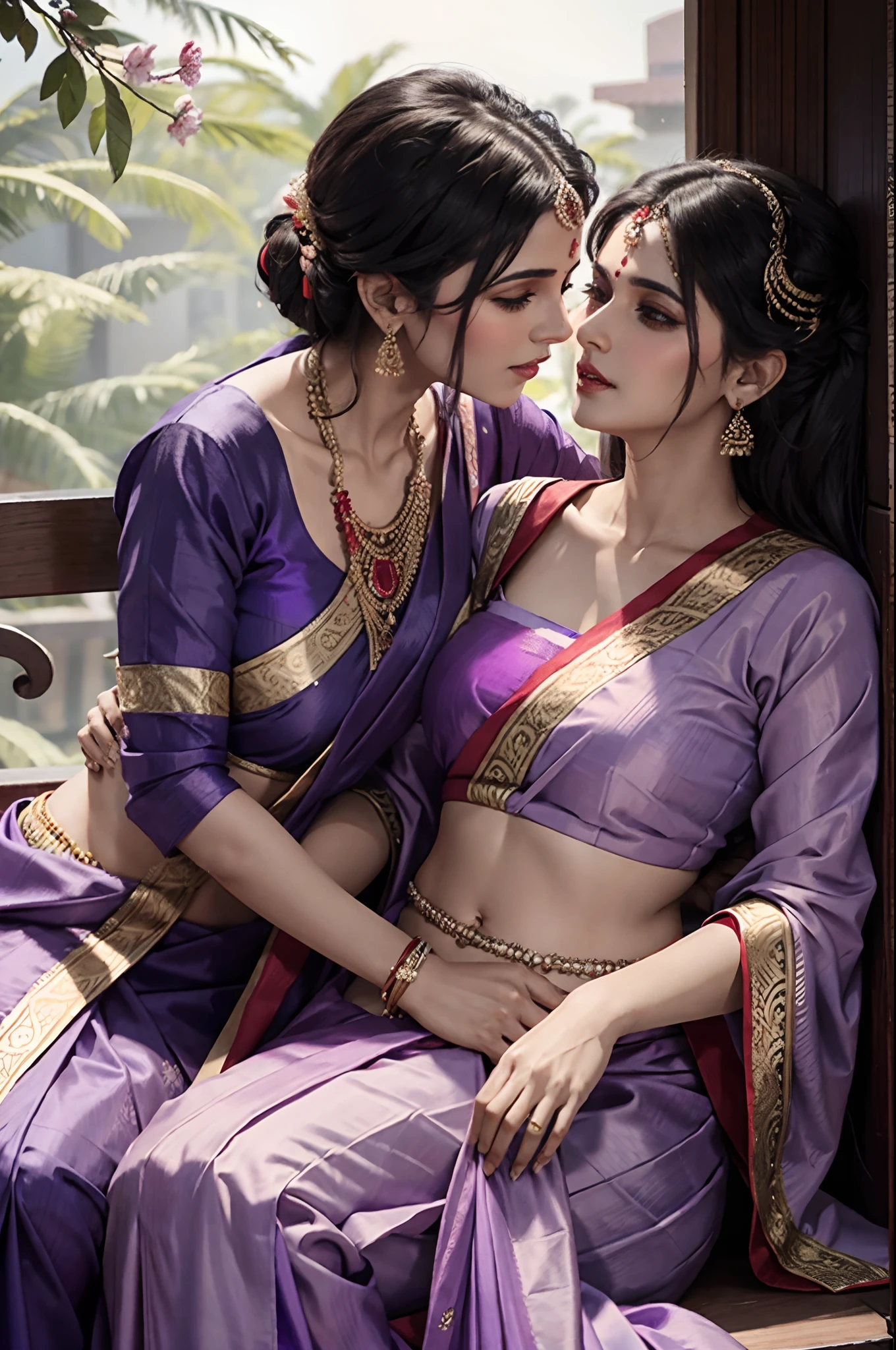 Mulher vestindo lehenga vermelha, sentado no colo de uma mulher vestindo saree roxo, beijando, agressivamente