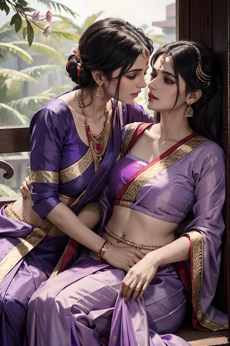 Woman wearing red lehenga, sitting on lap of woman wearing purple saree, making out, aggressively