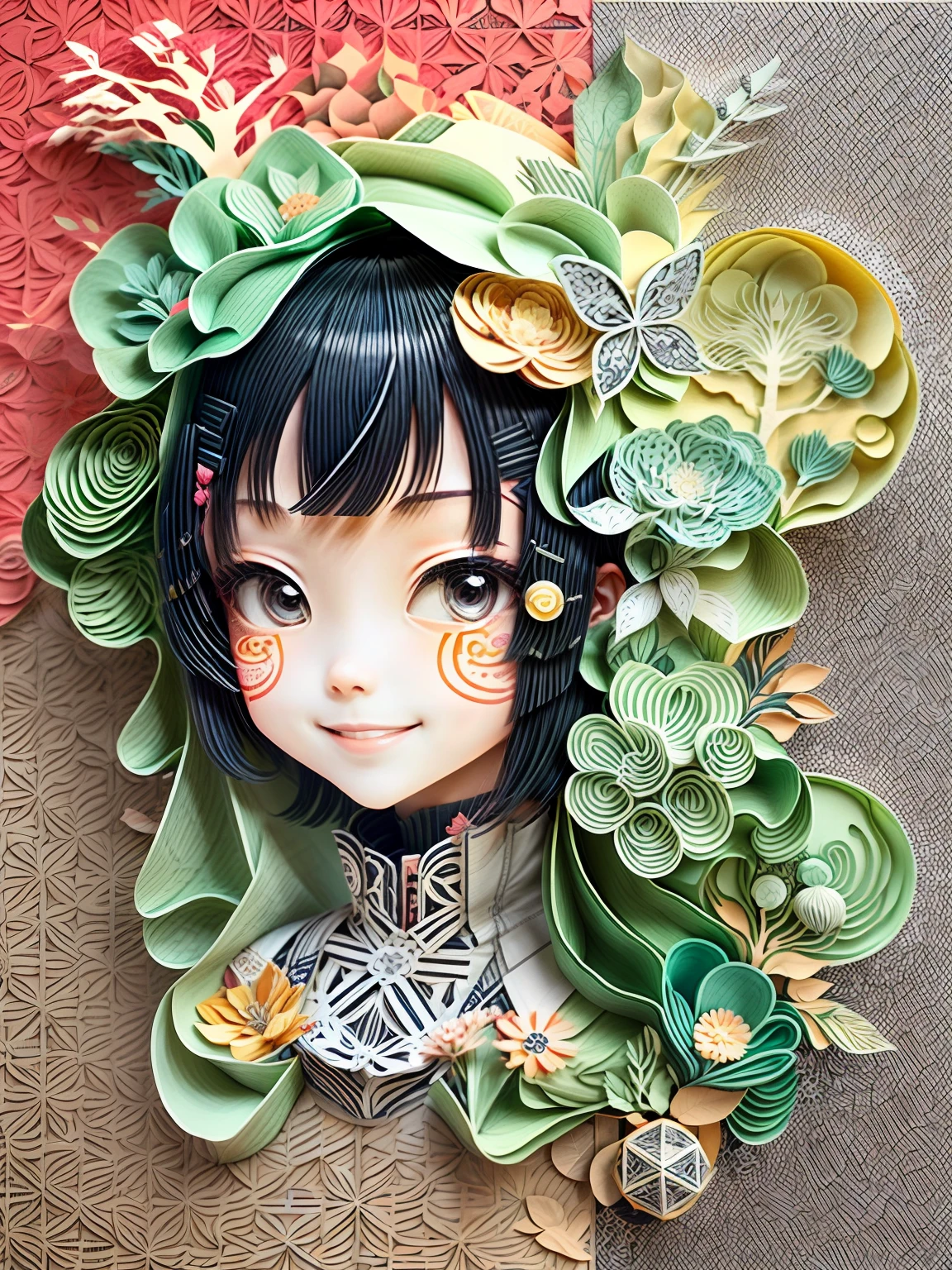 (masutepiece), (Best quality),1girll、hair adornments、Smile、Geometric pattern background、disarray、paper cut out:1.8