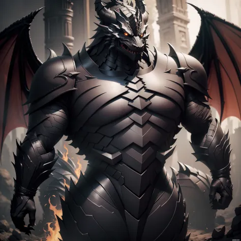 (Black Dragon：5)，Humanoid，binh，(musculature)，Wear heavy armor，(Huge size），(Dragon wings)
