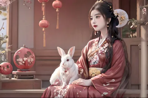 beautiful chinese woman in a red dress sitting next to a white rabbit, palace ， a girl in hanfu, wearing ancient chinese clothes...