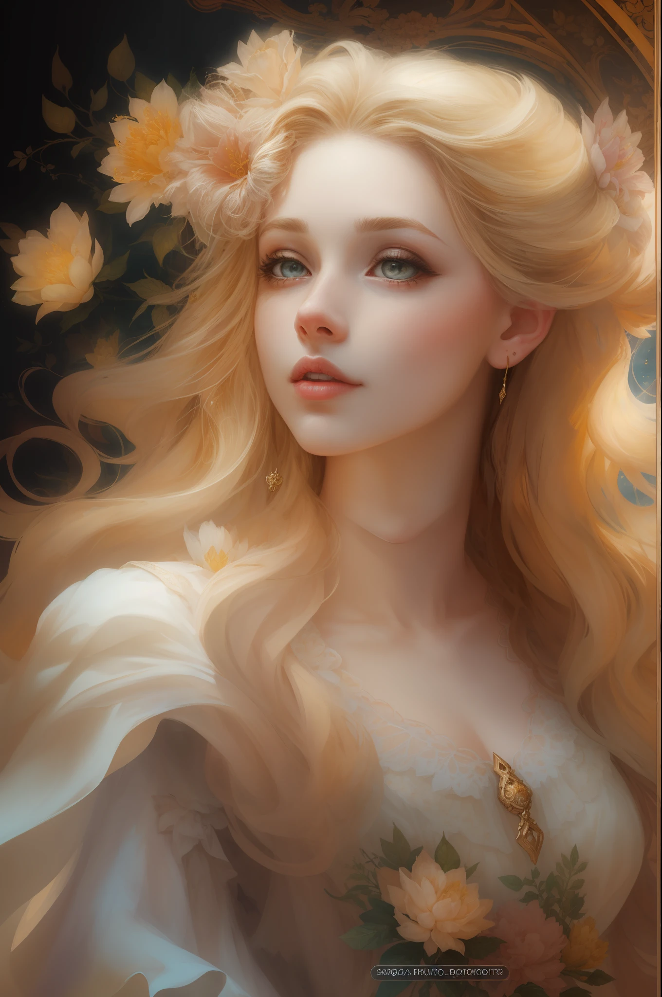 （（Gorgeous 18-year-old princess）），（She has long flowing blonde hair），（Bright and beautiful eyes），trendding on artstation，Flowers of Hope by Jean-Honor Fragonard，Peter Mohrbacher，ultra-detailliert，insanely details, Amazing, complex, elite, Art Nouveau, a gorgeous, Liquid wax, elegant, Luxurious, greg rutkovsky, Ink style, a sticker, Vector art beautiful character design, Dual exposure shooting, Luminous design, winning artwork, tmasterpiece, AMOLED black background,optic