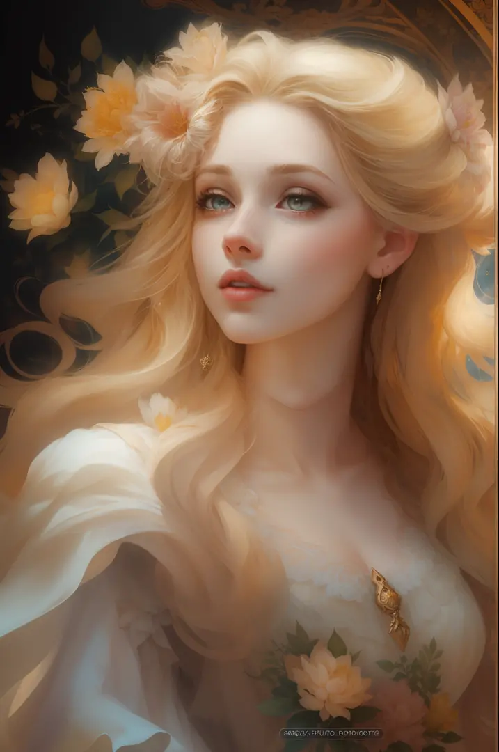 （（Gorgeous 18-year-old princess）），（She has long flowing blonde hair），（Bright and beautiful eyes），trendding on artstation，Flowers of Hope by Jean-Honor Fragonard，Peter Mohrbacher，ultra-detailliert，insanely details, Amazing, complex, elite, Art Nouveau, a go...