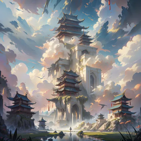 There is a picture of a tall building in the clouds, heaven gate, elaborate matte painting, Cloud Palace, palace floating in hea...