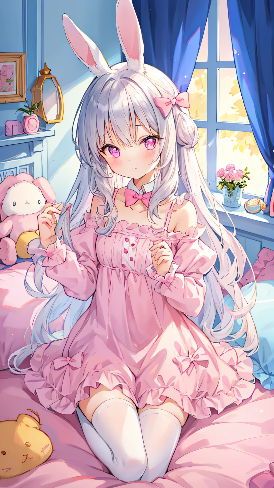 beautiful illustration, best quality, cute girl, bedroom, pastel color, fluffy bunny ears, petite, silver long hair, rabbit stuffed toy, bright lighting, light pink eyes