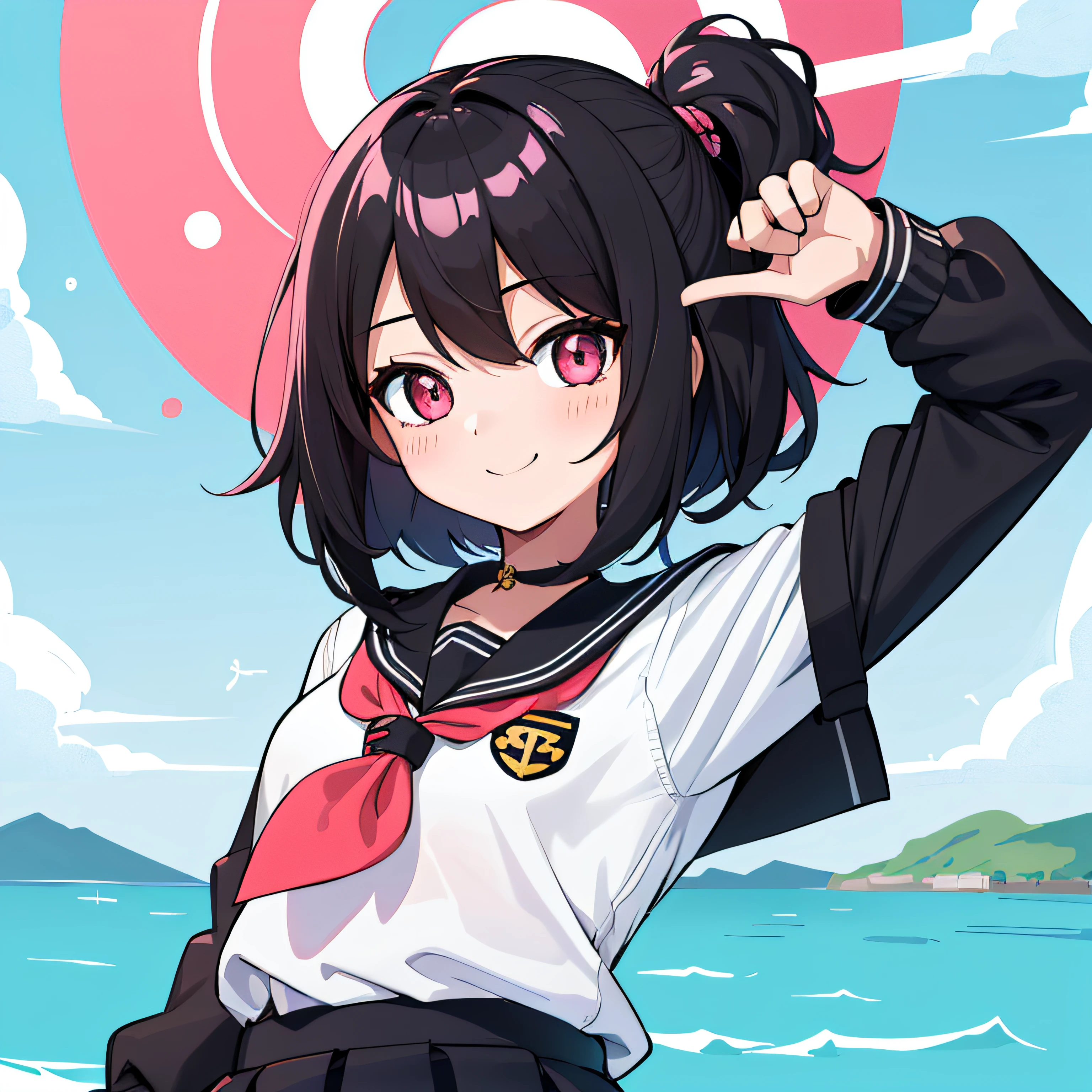 top-quality, ​masterpiece, portrait of cute girl, ((solo)), 1girl in, (Black medium hair), Cyan hair, Pink eyes, cute little, white backgrounid, ((Happiness)), chibi,hi-school girl、high-school uniform、,a sailor suit