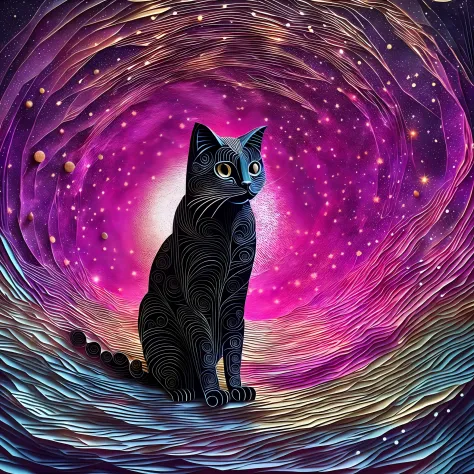 use paper cuts to make cosmic scenes, a cat in a spacesuit is walking through a space-time tunnel，a black hole near the end，best...