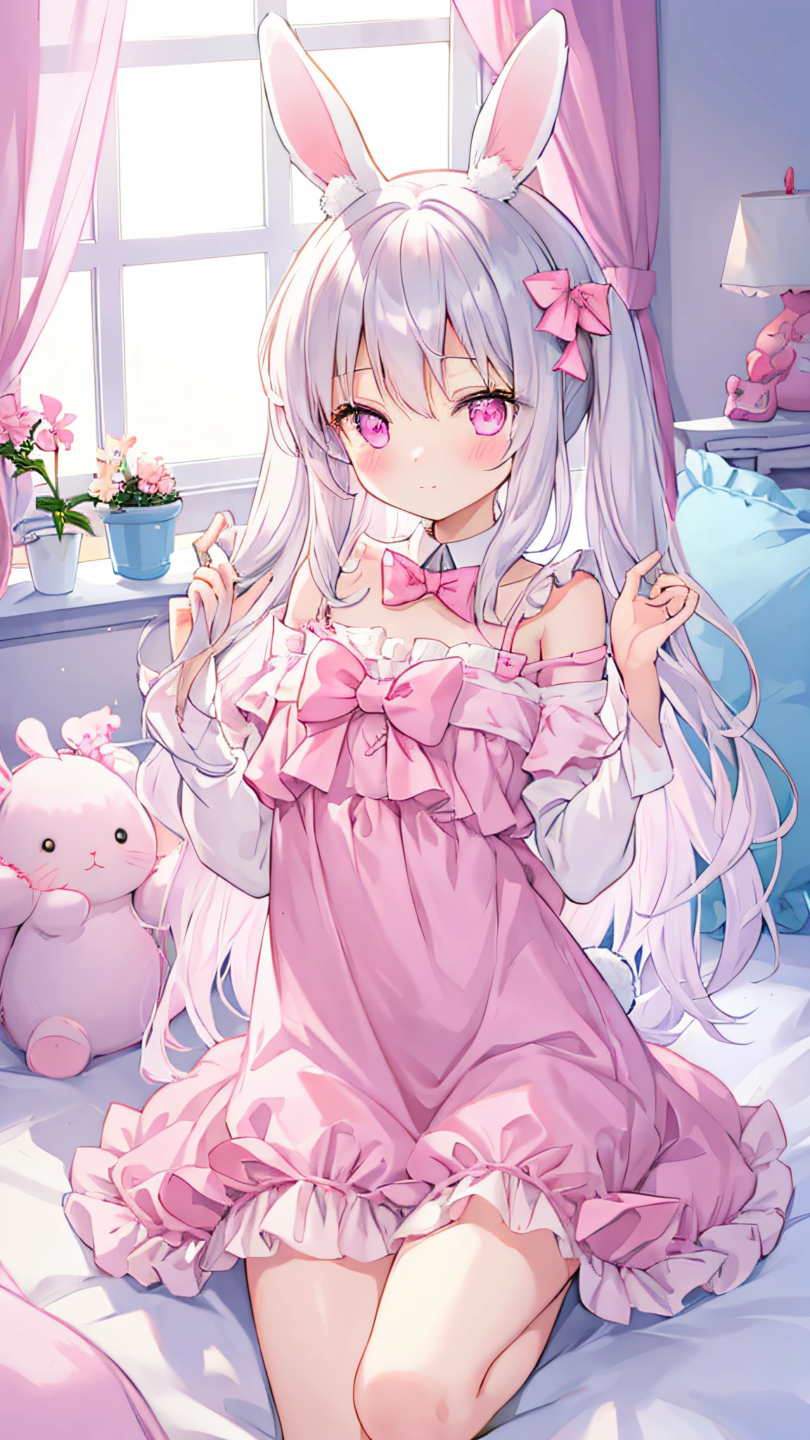 beautiful illustration, best quality, cute girl, bedroom, pastel color, fluffy bunny ears, , silver long hair, rabbit stuffed toy, bright lighting, light pink eyes