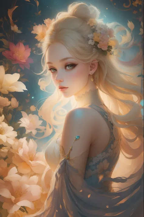 （（Gorgeous 18-year-old princess）），（She has long flowing blonde hair），（Bright and beautiful eyes），trendding on artstation，Flowers...