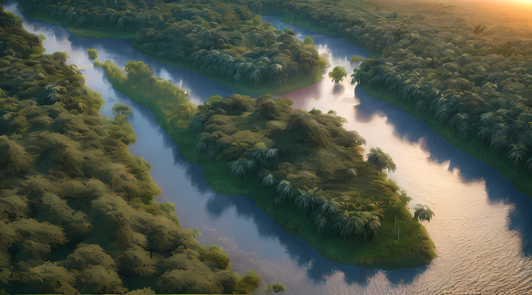 a photorealistic, award winning, best detailed, absurres, landscape picture of a fantasy jungle at dawn, many (jungle trees: 1.3),  a (river crossing the jungle: 1.1), sun rising being reflected in the river, an Inca temple in the horizon, a shot from birds view, sun setting light,  best quality, 16k, [ultra detailed], masterpiece, best quality, (ultra detailed), full body, ultra wide shot, photorealistic,