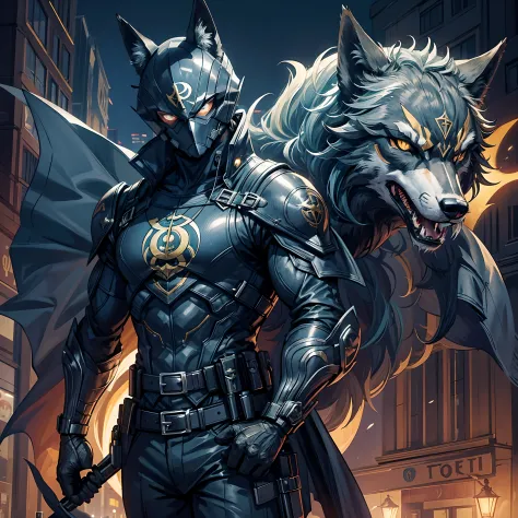 A nighttime vigilante superhero from Lisbon, dressed in a dark suit adorned with the symbol of the Iberian Wolf, patrols the cit...