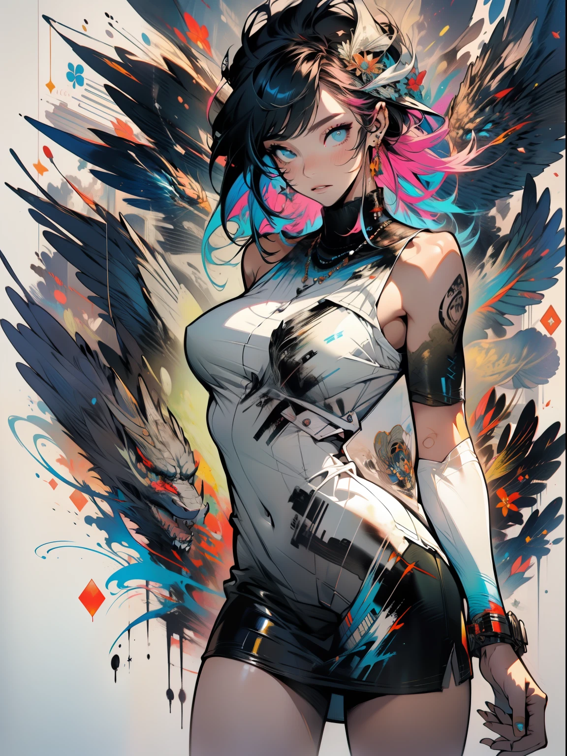 photore, Banks art stickers, Kelly Brook , liberta, seele, Digital illustration, Manhwa Style, perfect anatomia, centre, nearing perfection, Dynamic, highly  detailed, watercolor paiting, art  stations, concept-art, Liso, foco nítido, illustration, art by Carne Griffiths and Wadim Kashin, Bigchest, Anime girl alone，Medium length pose and nice clothes, short pastel  hair，Cut and bangs,  Heterochromia, perfect anatomia, concentrating, nearing perfection, dynamics, highly  detailed, character sheets, art  stations, concept-art, lisses, foco nítido, illustration, art by kim jung gi,, Art germ, carne griffiths and wadim kashin , Sasha Yakovleva, loish, Jeremy Mann, full body shot of, character sheets, Lightning Wave, Beautiful paintings in watercolor anime, Ink dripping author：Tim Okamura, Victor Nizovtsev, greg rutkovsky, Noah Bradley. Trend at Artstation, 8K, tmasterpiece, graffiti painting, finedetail, extremely colorful, intricately details, Gold aspect ratio illustration, monochrome green background, tmasterpiece, best qualityer, high high quality, A high resolution, best qualityer, high resolution fix, bright amazing lighting, Detail Enhancement::Only style Zul Pol Valerio "Dreher Lake" Buenventino at the Art Station::2.9 ,( beautiful  woman )), ((Solo)), (detailed eyes and detailed face:1.3), (t-shirt or dress:1.3),  (Beautiful and light background: 1.2), (extremely detaile, ultra - detailed, Best shade: 1.1), Large of breast, bare shoulders​, flowers and petals, , (white backgrounid: 0.5), (illustration :1.1), (Extremely thin and beautiful girl:1.1), (perfect  detail:1.1)styled::Lee Jae ::2.9 - Quality, Illustration style, fantastic paintings, in graffiti style, black in color，Straight hair and flowers, with jeans and a white t-shirt or dress,  beautiful  woman, Black embossed design, Passionate pianists light the piano, Qiu-hsien, nightcore, finedetail, Expressing the, Dark contrast, No paper style