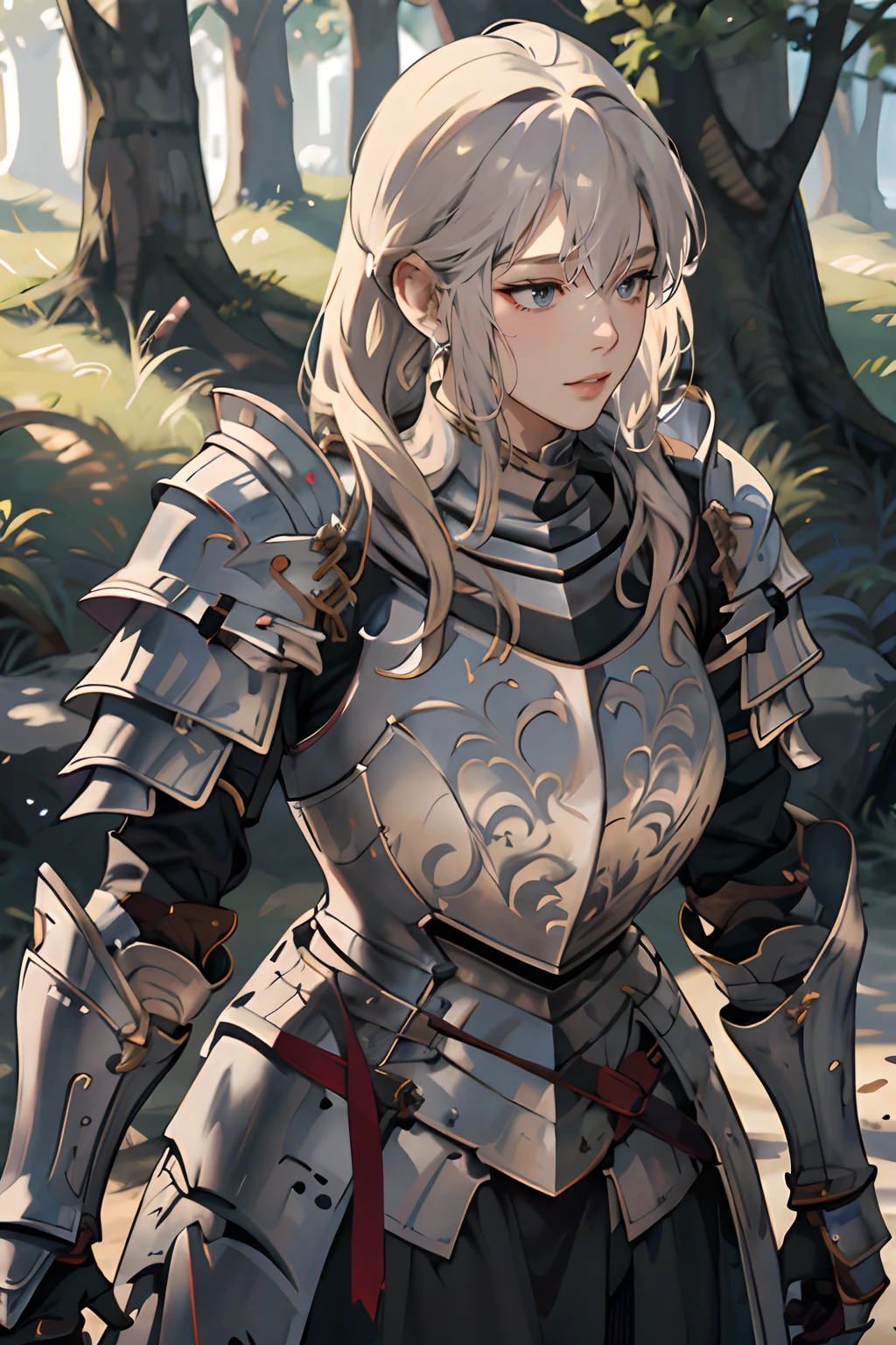 Women in Their 20s、1 persons、a close up of a woman in armor holding a sword, armor girl, Female knight, large full breasts、full armor, full armor, Gorgeous Female Paladin, Female knight, of a beautiful female knight, Beautiful armor, Plump、full armor, Armor exposure, Gorgeous full-body armor, stunning armor, Trending on ArtStation pixiv, beautiful female knight、in woods、lake、Staring at this