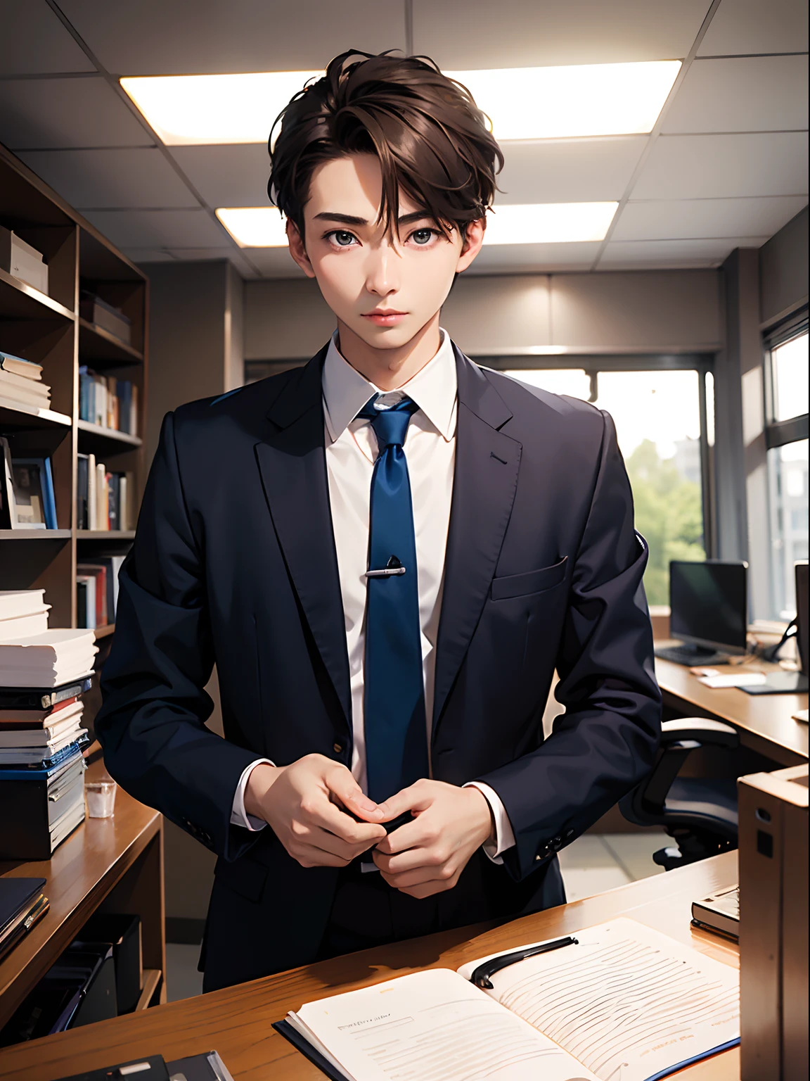 1boy,11 only、(Man's :2),Brown hair、Dark blue suit、Brightly colored ties、Cluttered office、Natural lighting、hightquality、masutepiece,8K,hight resolution、