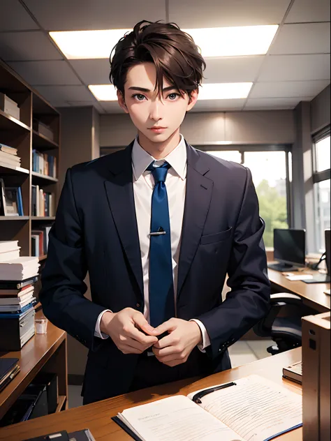 1boy,11 only、(Man's :2),Brown hair、Dark blue suit、Brightly colored ties、Cluttered office、Natural lighting、hightquality、masutepie...