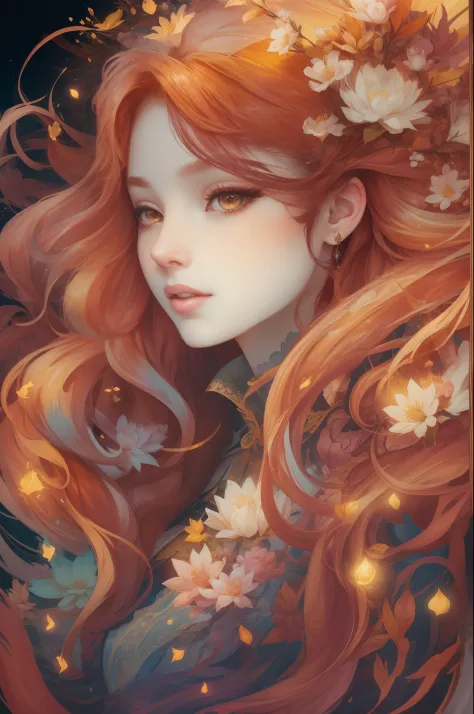 （（Gorgeous 18-year-old princess）），（She has long flowing brownish-red hair），（Bright and beautiful eyes），trendding on artstation，Flowers of hope，ultra-detailliert，insanely details, Amazing, complex, elite, Art Nouveau, a gorgeous, Dreamy，Liquid wax, elegant,...