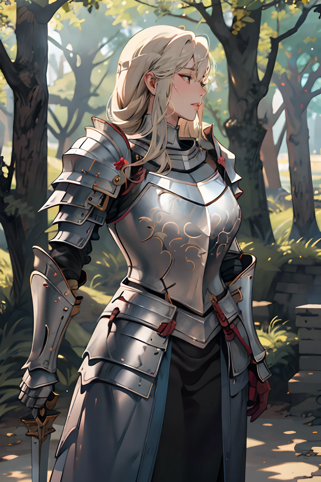 Women in Their 20s、1 persons、a close up of a woman in armor holding a sword, armor girl, Female knight, large full breasts、full armor, full armor, Gorgeous Female Paladin, Female knight, of a beautiful female knight, Beautiful armor, Plump、full armor, Armor exposure, Gorgeous full-body armor, stunning armor, Trending on ArtStation pixiv, beautiful female knight、in woods、lake