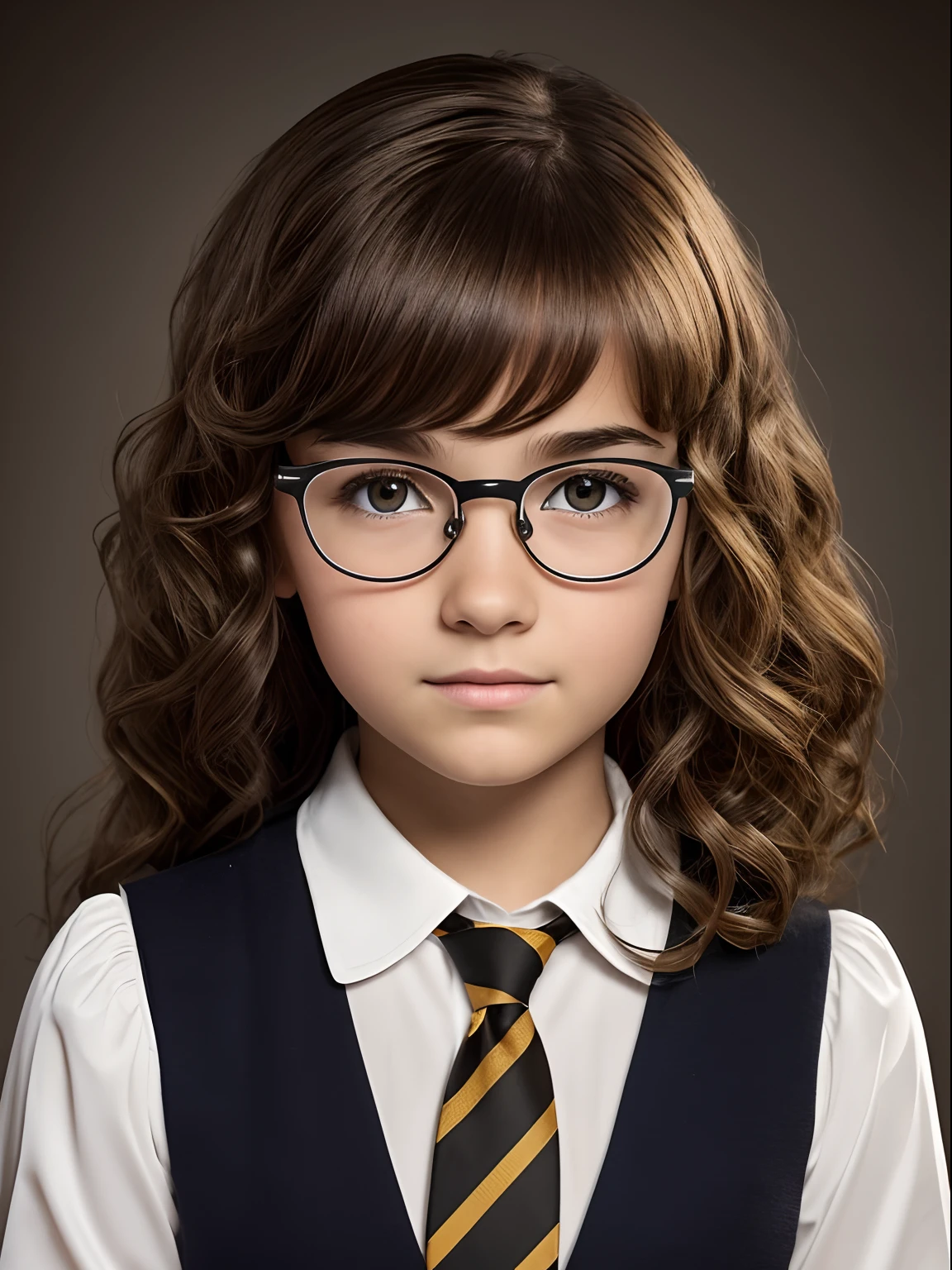 Realistic photo of a 10-year-old girl of European appearance, slightly curly brown thick hair below the shoulder blades(to the middle of the back); Large shiny dark brown eyes, long eyelashes, eyeglasses(The natural shine of glasses), thick eyebrows, Serious, хмурая, A bored look, looks at the camera from under his eyebrows(a slight tilt of the head forward and down), In the look you can read the desire to leave here; Realistic form of the Hogwarts School of Magic, Hufflepuff Faculty(golden and black colors, striped tie)( Realistic believable costume, Hogwarts Student's Mantle); Without cosmetics, Unadorned; Straight posture(Photography for documents), sits directly on camera, Direct view(full face); Professional studio photography with a film SLR camera("Zorkiy-4"), (passport photo), hight resolution, Natural Realistic Detailed Skin Texture, natural lightin, 8K, Texture of the photo card, Maximum photorealism
