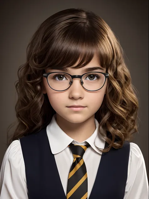 Realistic photo of a 10-year-old girl of European appearance, slightly curly brown thick hair below the shoulder blades(to the m...