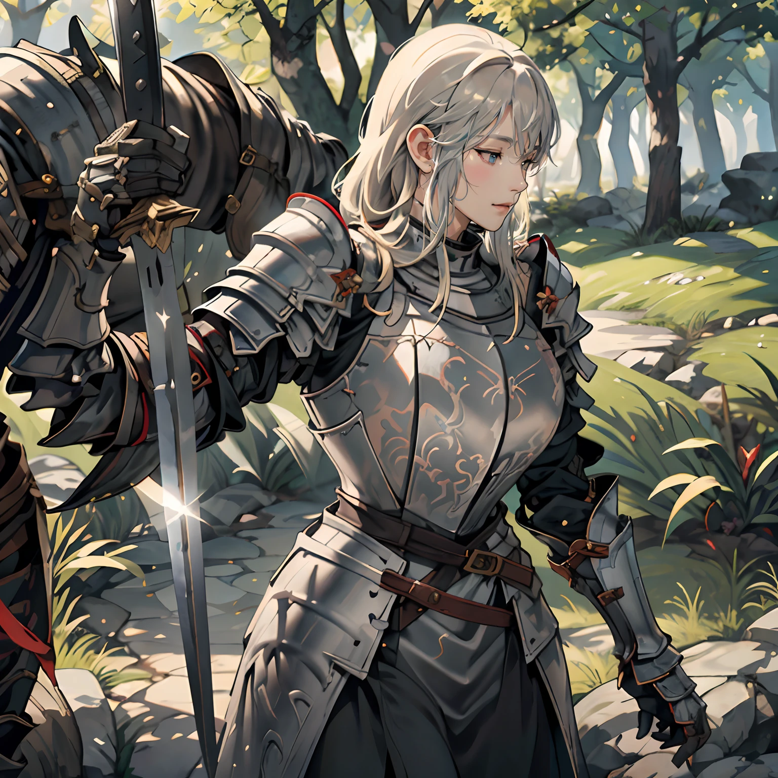 Women in Their 20s、1 persons、a close up of a woman in armor holding a sword, armor girl, Female knight, large full breasts、full armor, full armor, Gorgeous Female Paladin, Female knight, of a beautiful female knight, Beautiful armor, Plump、full armor, Armor exposure, Gorgeous full-body armor, stunning armor, Trending on ArtStation pixiv, beautiful female knight、in woods、lake、holding a greatsword、Great Sword of Steel、Staring at me