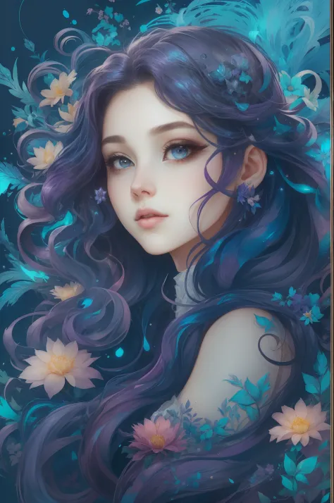 （（Gorgeous 18-year-old princess）），（She has long flowing blue-purple hair），（Bright and beautiful eyes），trendding on artstation，Flowers of hope，ultra-detailliert，insanely details, Amazing, complex, elite, Art Nouveau, a gorgeous, Dreamy，Liquid wax, elegant, ...