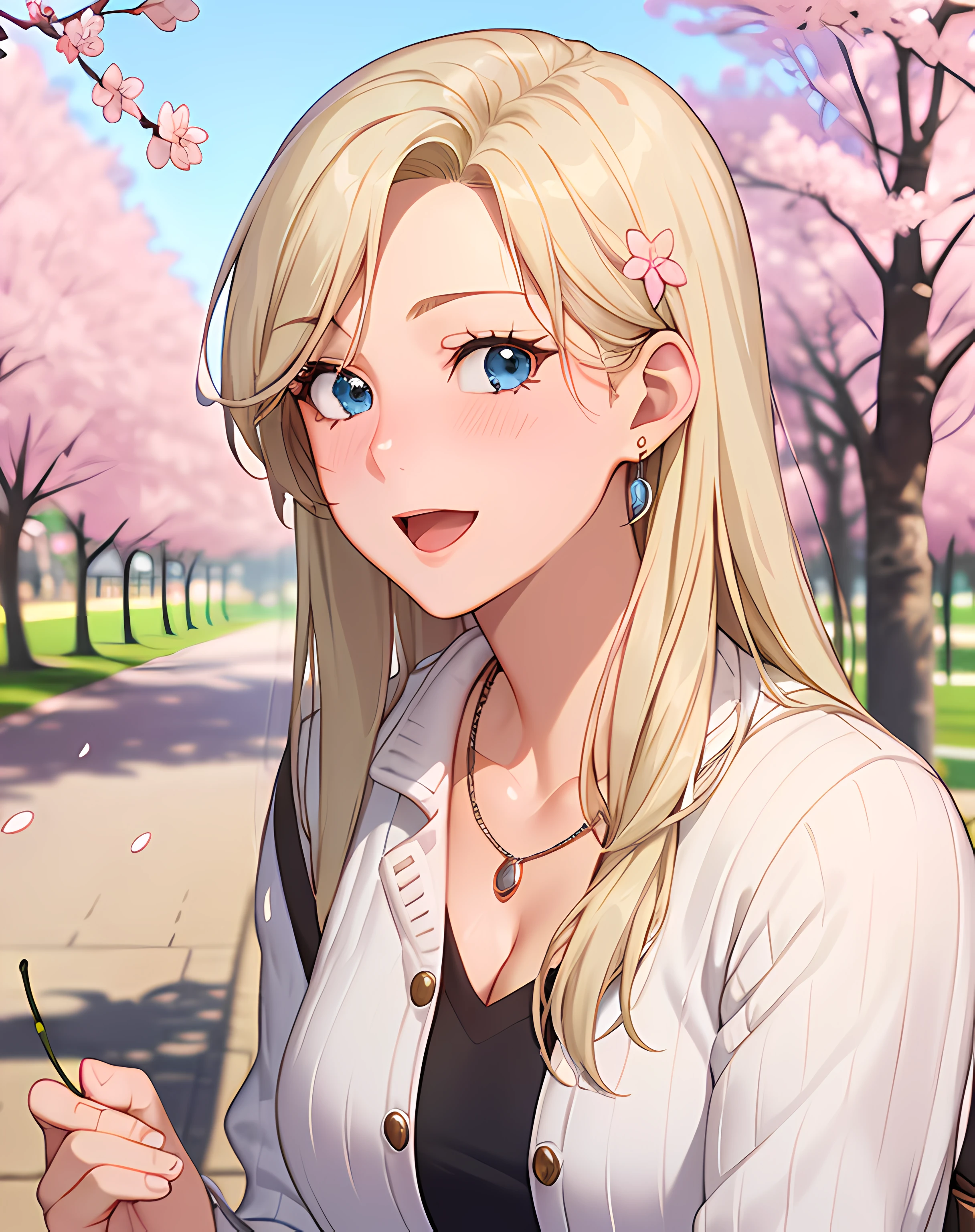 ((masterpiece, best quality, highres, UHD, RTX, perfect pixel, depth of field, 4k, extremely-detailed))), 1girl, single, solo, beautiful anime girl, beautiful artstyle, anime character, ((long hair, parted bangs, blonde hair)), ((blue eyes:1.4, rounded eyes, beautiful eyelashes, realistic eyes)), ((detailed face, blushing:1.2)), ((smooth texture:0.75, realistic texture:0.65, photorealistic:1.1, anime CG style, vibrant color)), ((medium breasts, cleavage:0.9, busty)), dynamic angle, perfect body, ((POV, dynamic pose, portrait)), ((white sweater, long sleeve, black skirt, fashionable, single handbag, 1diamond necklace)), smile, open mouth, amusement park, ((cherry blossom tree, cherry blossoms fall))