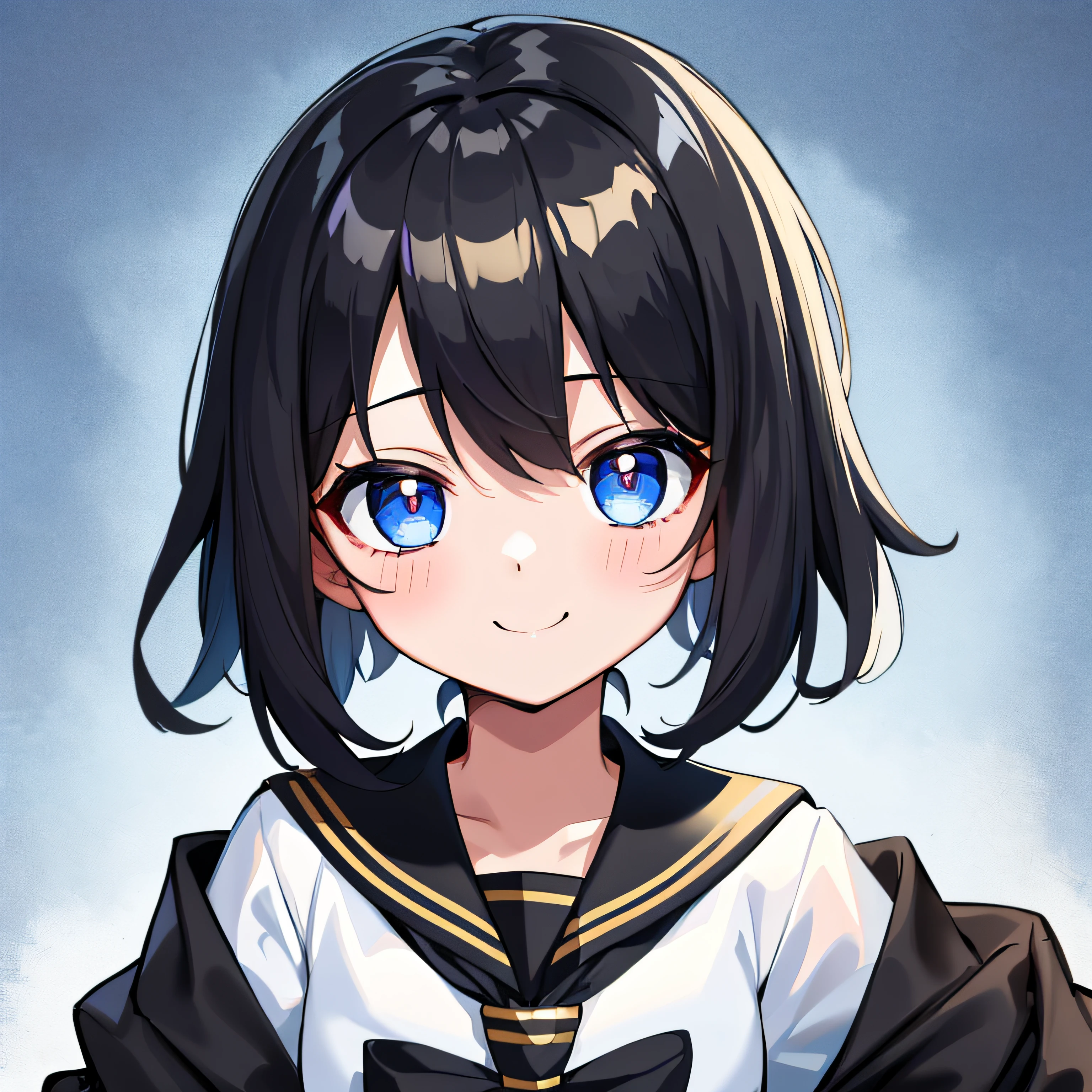 top-quality, ​masterpiece, portrait of cute girl, ((独奏)), 1girl in, (Black medium hair), Black hair, Blue eyes, cute little, white backgrounid, ((Happiness)), Chibi,hi-school girl、high-school uniform、,a sailor suit