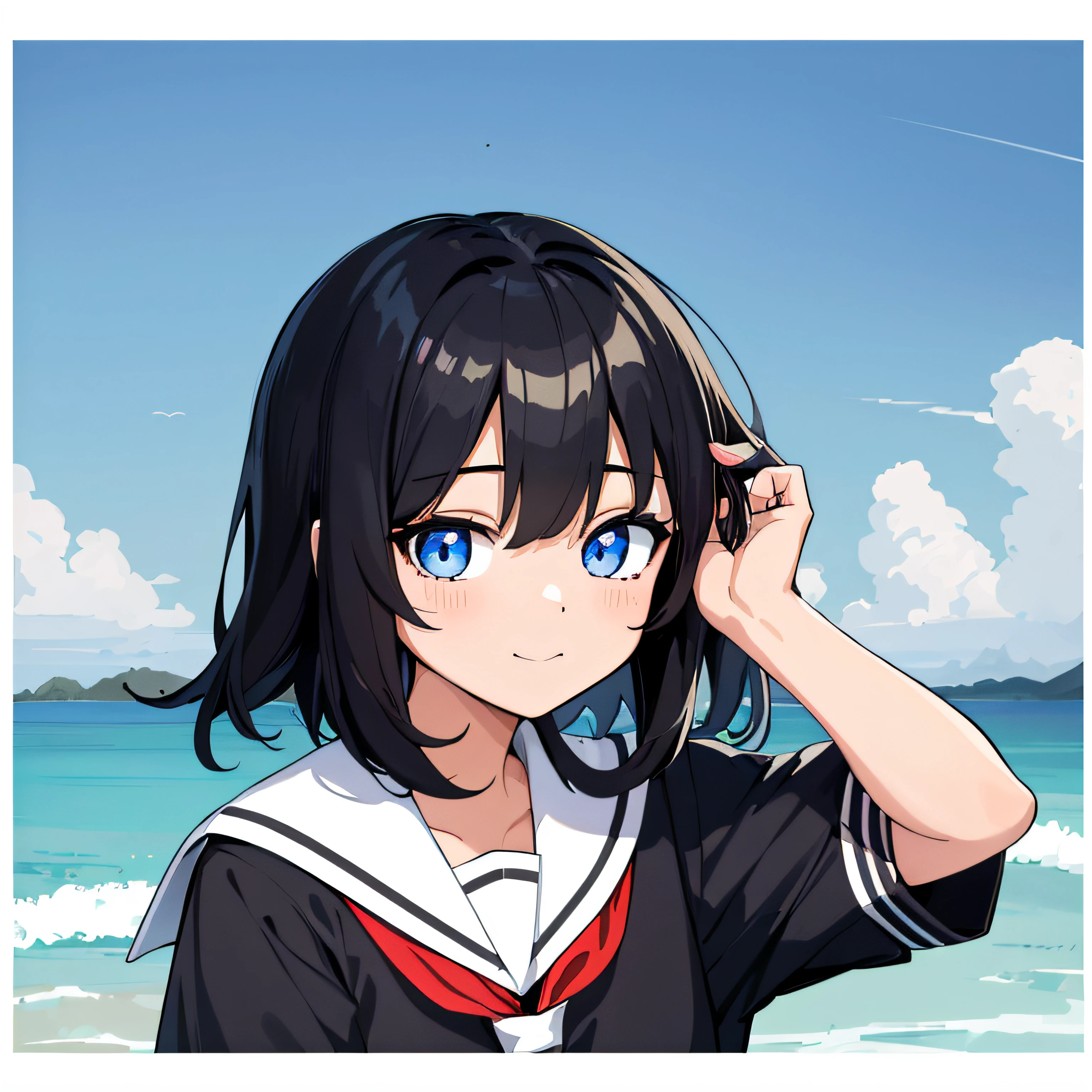 top-quality, ​masterpiece, portrait of cute girl, ((独奏)), 1girl in, (Black medium hair), Black hair, Blue eyes, cute little, white backgrounid, ((Happiness)), Chibi,hi-school girl、high-school uniform、summer clothing,a sailor suit