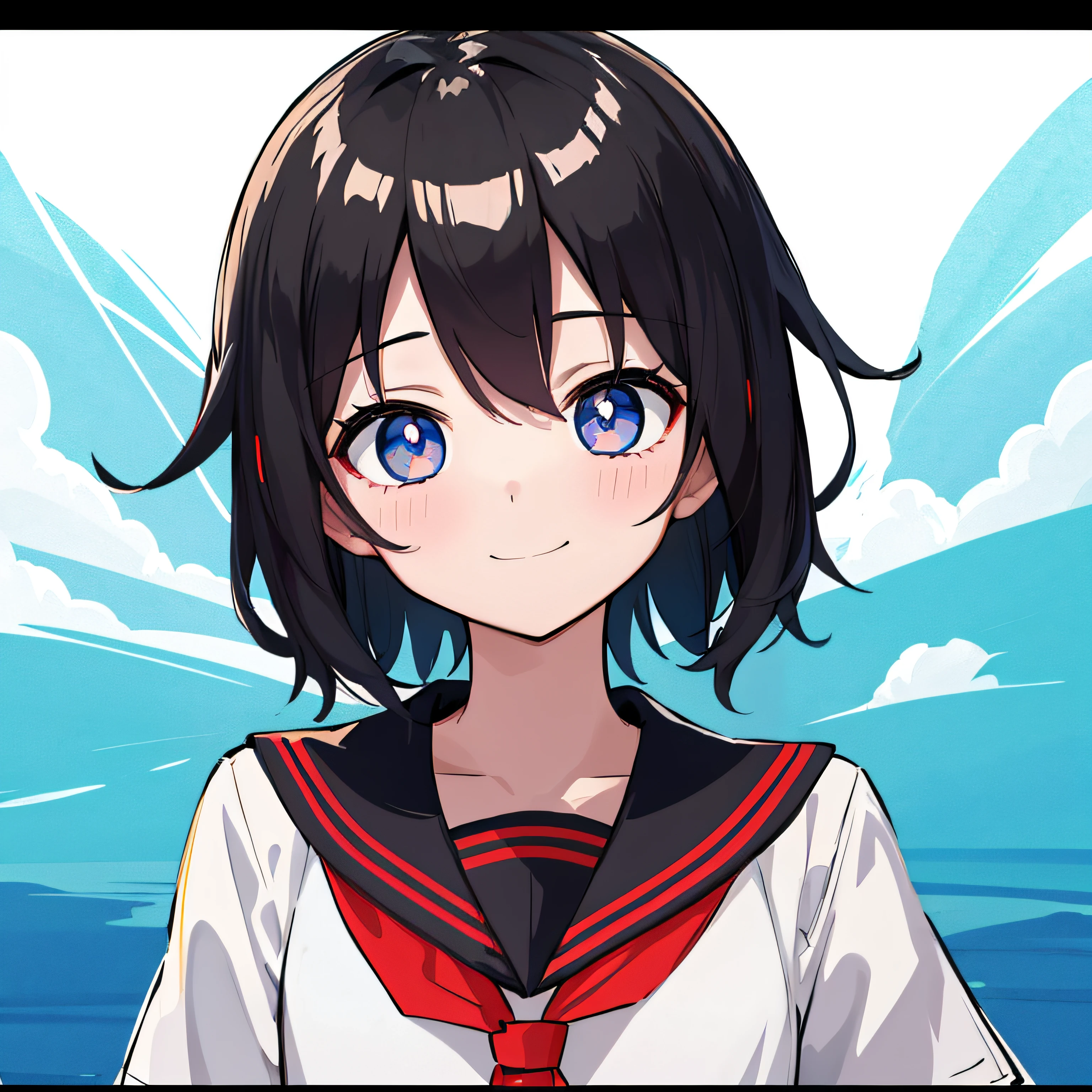 top-quality, ​masterpiece, portrait of cute girl, ((独奏)), 1girl in, (Black medium hair), Black hair, Blue eyes, cute little, white backgrounid, ((Happiness)), Chibi,hi-school girl、high-school uniform、summer clothing,a sailor suit