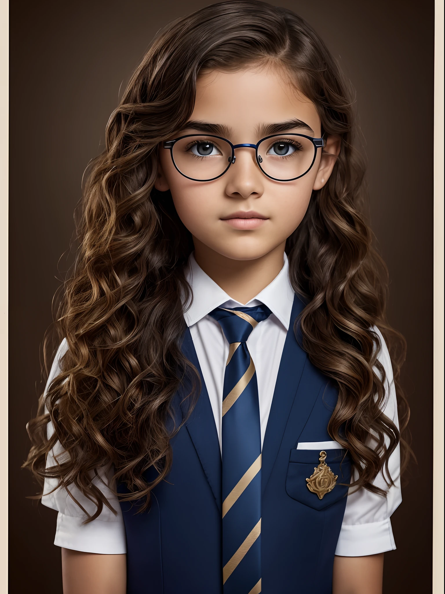 Realistic photo of a 10-year-old girl of European appearance, slightly curly brown thick hair below the shoulder blades(to the middle of the back); Large shiny dark brown eyes, long eyelashes, eyeglasses(The natural shine of glasses), thick eyebrows, Serious, хмурая, A bored look, looks at the camera from under his eyebrows(a slight tilt of the head forward and down), In the look you can read the desire to leave here; Realistic form of the Hogwarts School of Magic, Ravenclaw Faculty (blue and bronze colors, striped tie); Without cosmetics, Unadorned; Straight posture(Photography for documents), sits directly on camera, Direct view(full face); Professional studio photography with a film SLR camera("Zorkiy-4"), (passport photo), hight resolution, Natural Realistic Detailed Skin Texture, natural lightin, 8K, Texture of the photo card, Maximum photorealism
