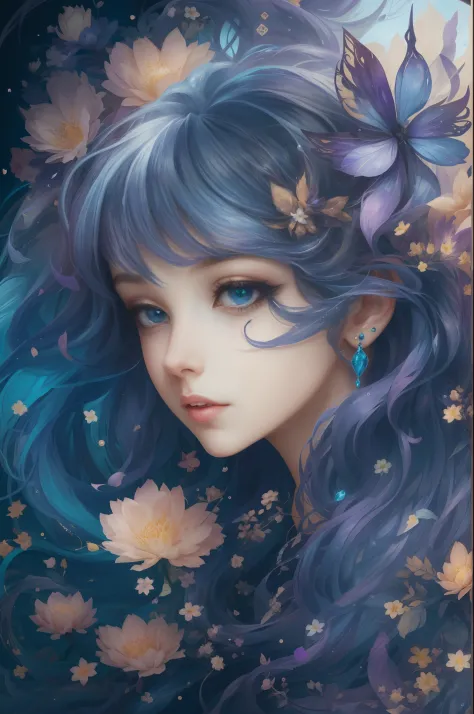 （（Gorgeous 18-year-old princess）），（She has long flowing blue-purple hair），（Bright and beautiful eyes），trendding on artstation，Flowers of hope，ultra-detailliert，insanely details, Amazing, complex, elite, Art Nouveau, a gorgeous, Dreamy，Liquid wax, elegant, ...