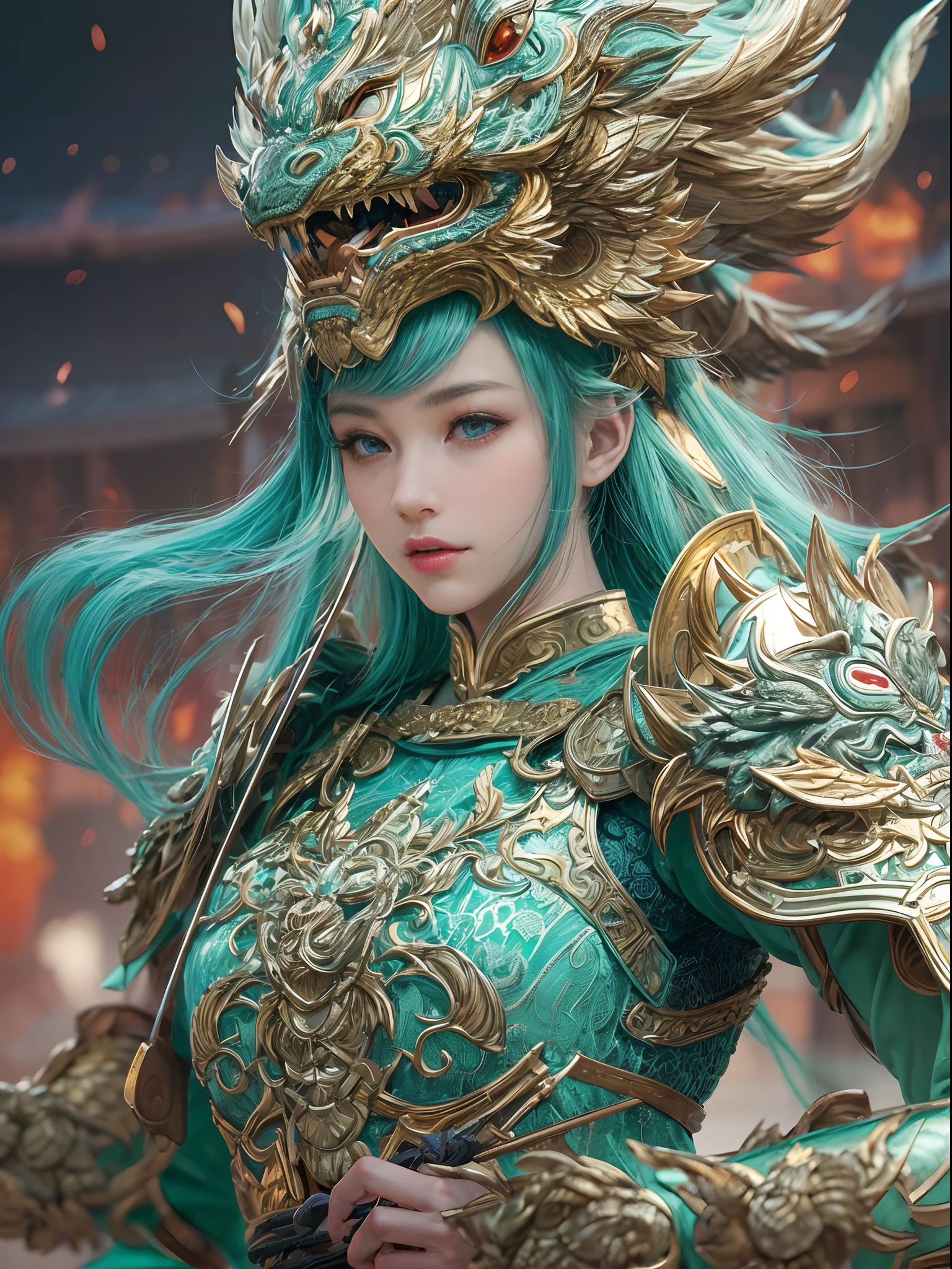 （fully body photo），1个Giant Breast Girl，Accurate and perfect Korean female face，anatomy correct，The body of the golden ratio，Delicate Chinese Ming dynasty lace dress armor，Armed belts，Made of shiny white and silver translucent glass and titanium， joyful expressions, Vibrant colors, battleground background,Ashes fall, The fire burst into the sky，Bright sunlight，Delicate ancient helmet on the head：1.2，blue color eyes：1.2，(holding a longsword，Take defensive action)，(Behind him stands a transparent Chinese dragon)，Oriental elements，Dreamy glow，（globalillumination，Ray traching，hdr，The rendering is not realistic，Rational design，high detal，tmasterpiece，best qualtiy，hyper HD，cinmatic lighting)