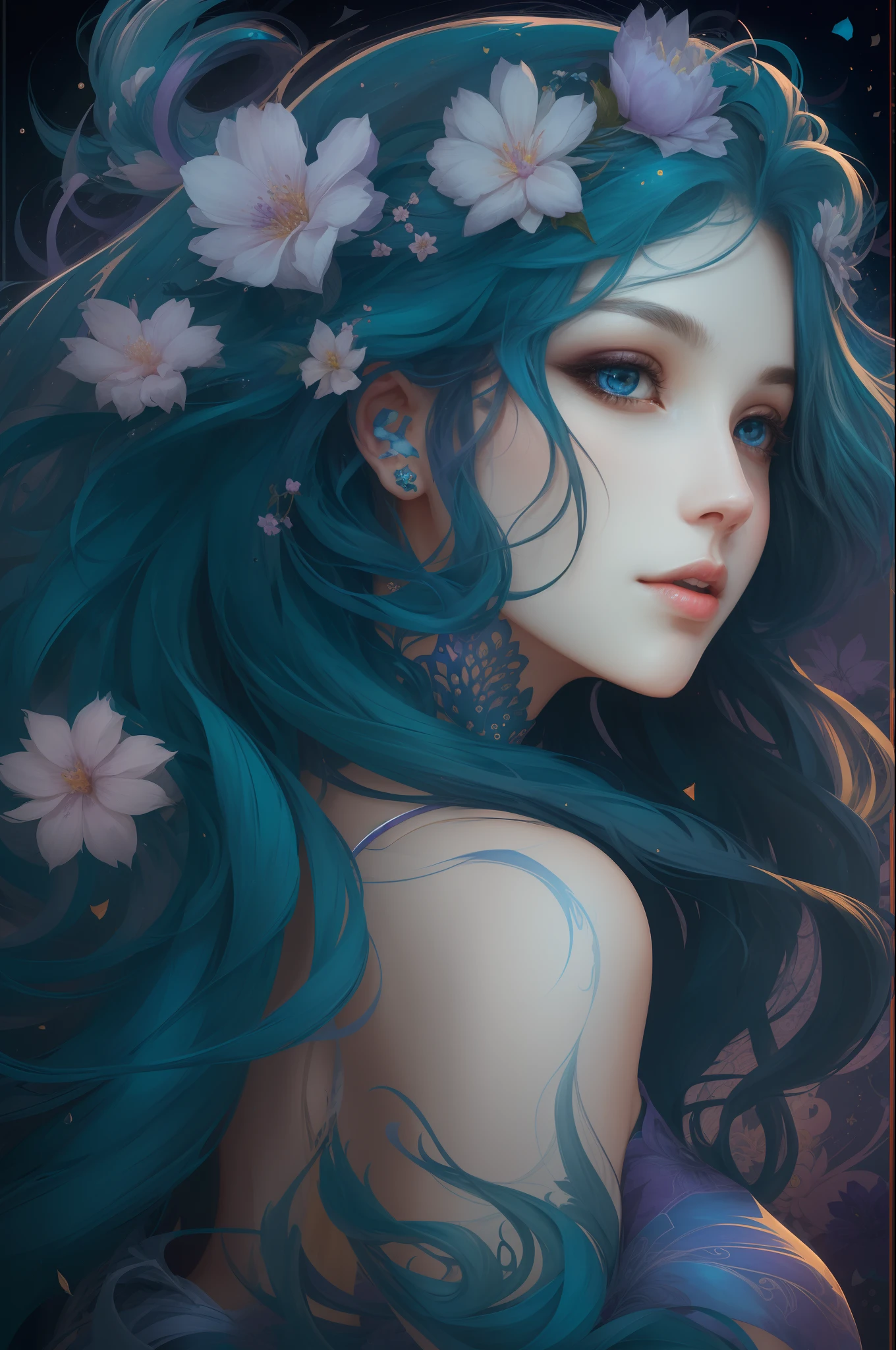 （（Gorgeous 18-year-old princess）），（She has long flowing blue-purple hair），（Bright and beautiful eyes），trendding on artstation，Flowers of hope，ultra-detailliert，insanely details, Amazing, complex, elite, Art Nouveau, a gorgeous, Dreamy，Liquid wax, Luxurious, Ink style, a sticker, Vector art beautiful character design, Dual exposure shooting, Luminous design, winning artwork, tmasterpiece, AMOLED black background,optic