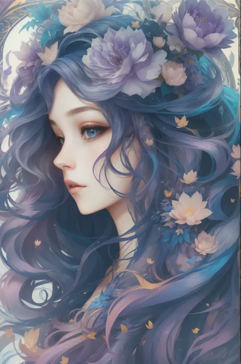 （（Gorgeous 18-year-old princess）），（She has long flowing blue-purple hair），（Bright and beautiful eyes），trendding on artstation，Fl...