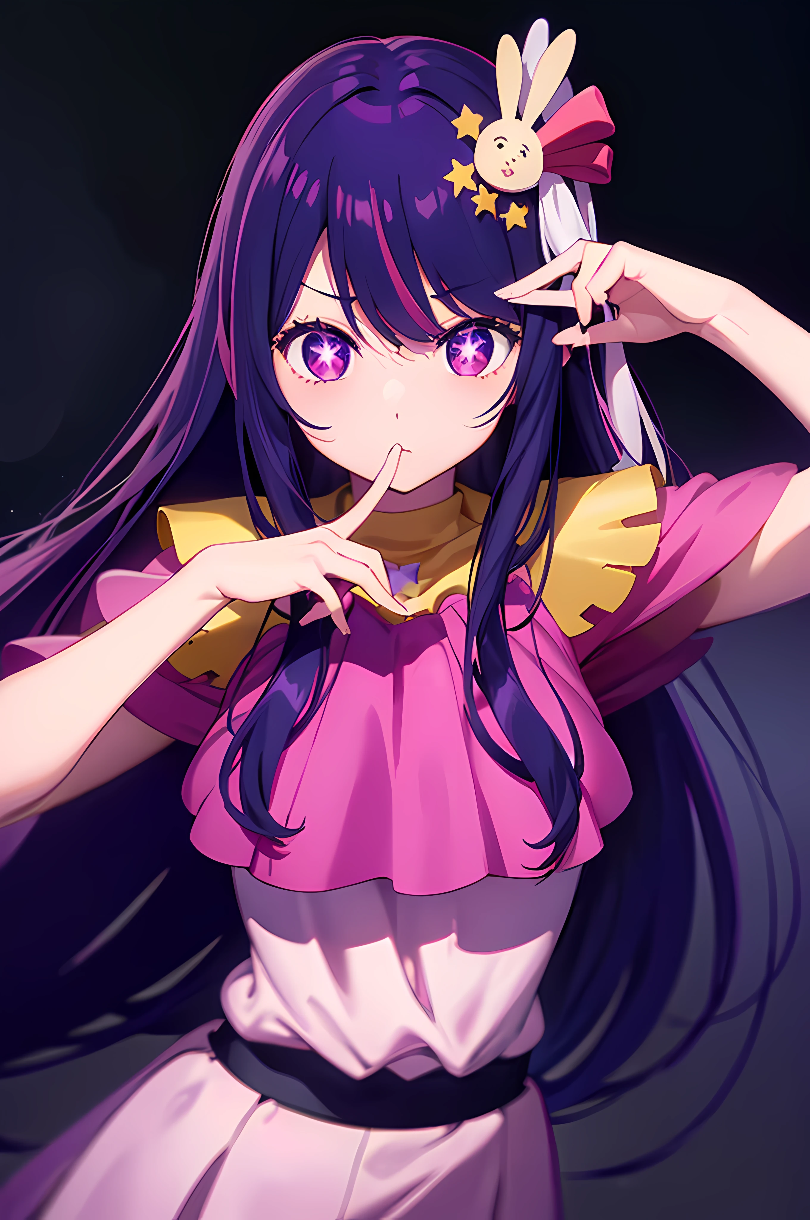 Hoshino Ai, long hair, purple hair, streaked hair ,purple eyes, star-shaped pupils, hair ornament, (masterpiece), best quality, expressive eyes, perfect face, anime girl with purple shiny hair and seifuku, medium_oppai, beautiful alluring anime woman, female anime character, official anime still, beautiful alluring anime teen, anime best girl, attractive anime girl, oppai proportions, 1 girl, sexy pose, perfect body, perfect fingers