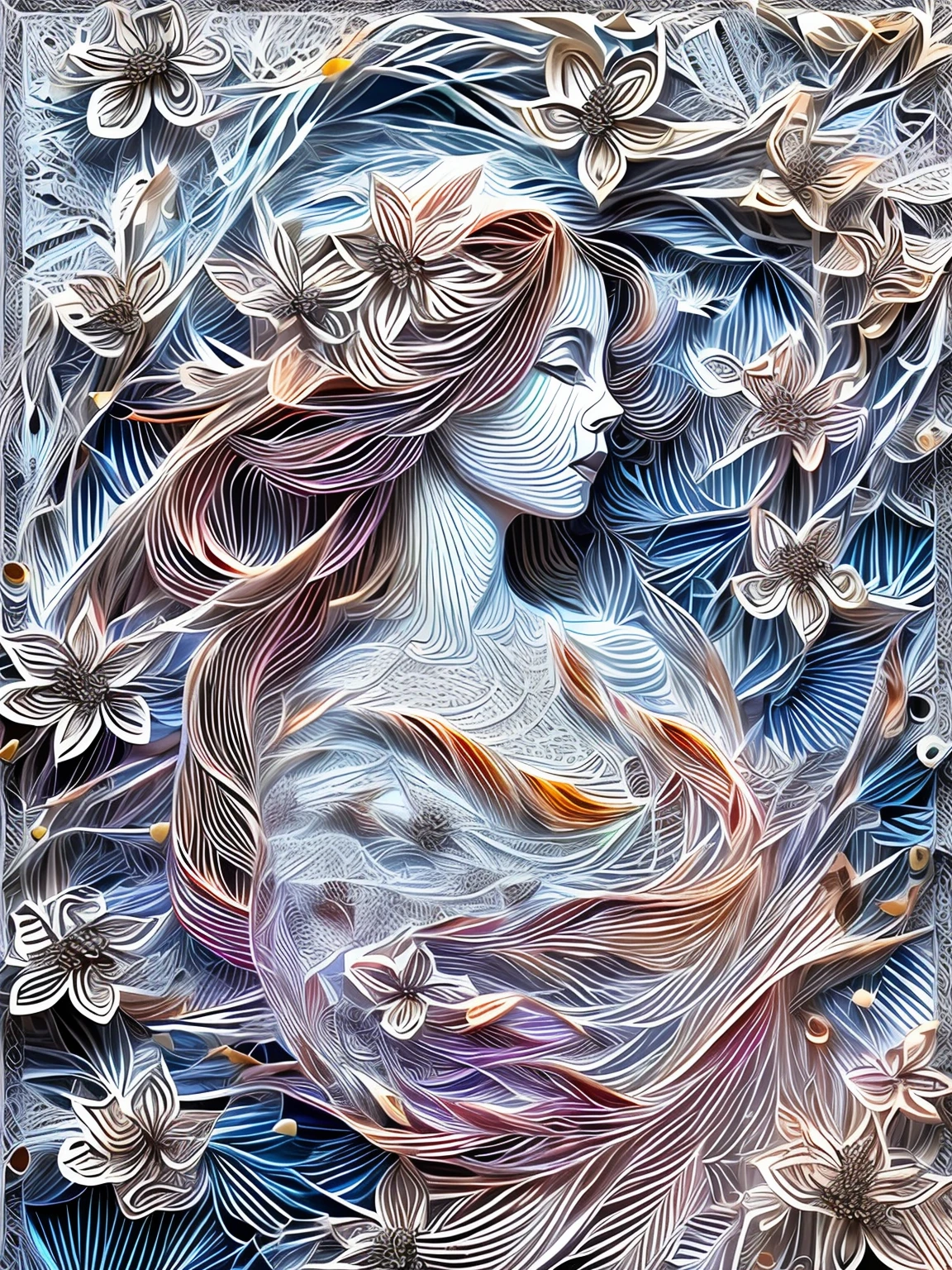 （Silhouette of a beautiful woman,Colorful peach blossoms)，White background，(paper art, Quilted paper art:1.2, geomerty:1.1, zentangle,a 3D render), (Extremely colorful, Best quality, Detailed details, Masterpiece, offcial art, movie light effect, 4K)